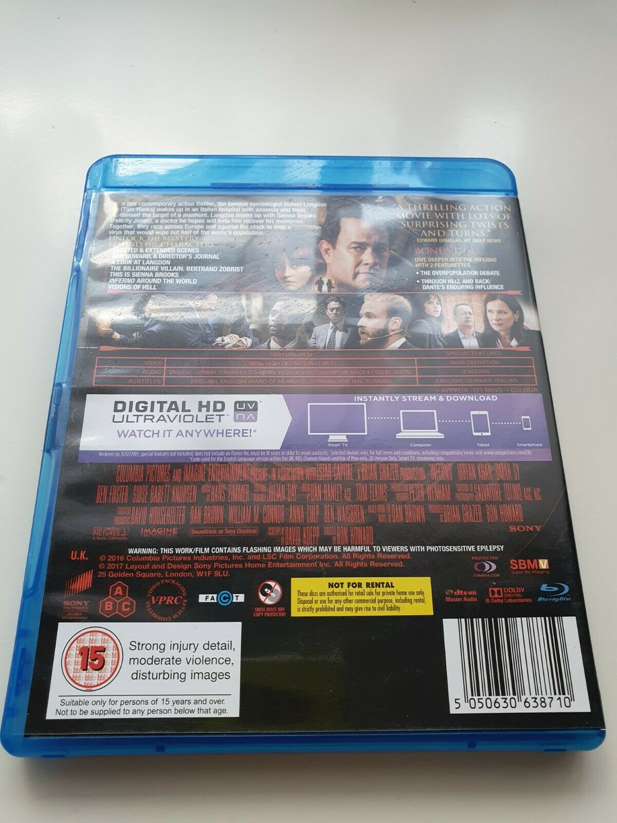 5050630638710 Inferno Blu-ray + bonus + Digital UV 2017 T. Hanks, F. Jones, B. Foster 2017