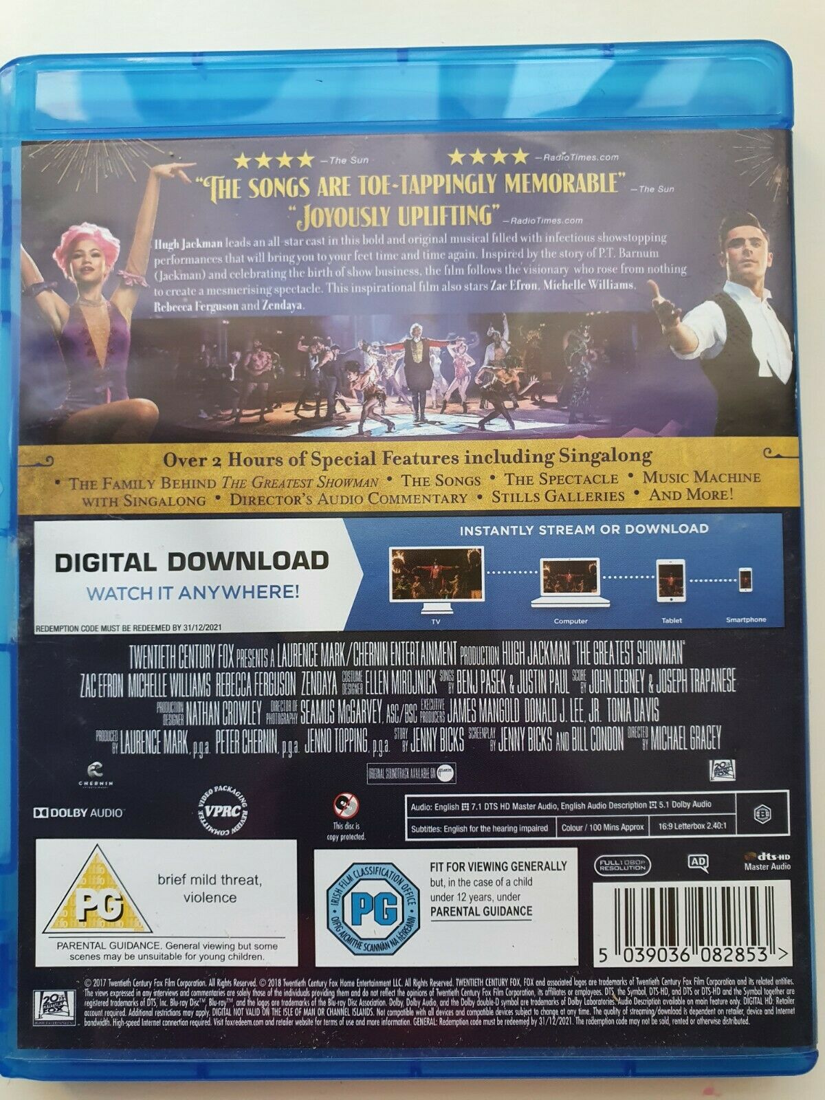 5039036082853 The Greatest Showman Blu-ray + Digital 2018 H. Jackman Gracey cert PG VERY GOOD
