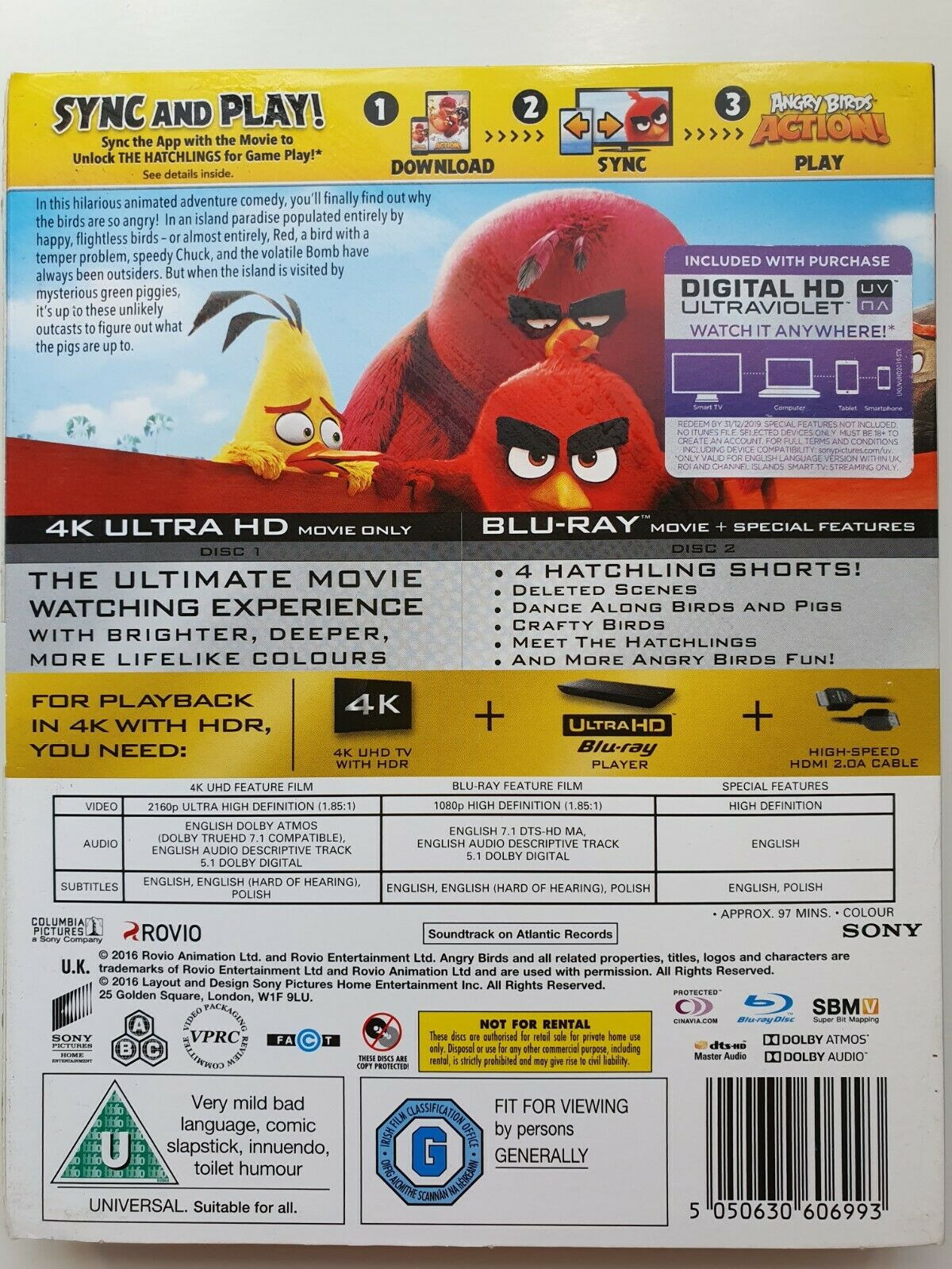 5050630606993 The Angry Birds Movie 4K UHD + Blu-Ray +Digital 2016 C. Kaytis 2 discs LIKE NEW