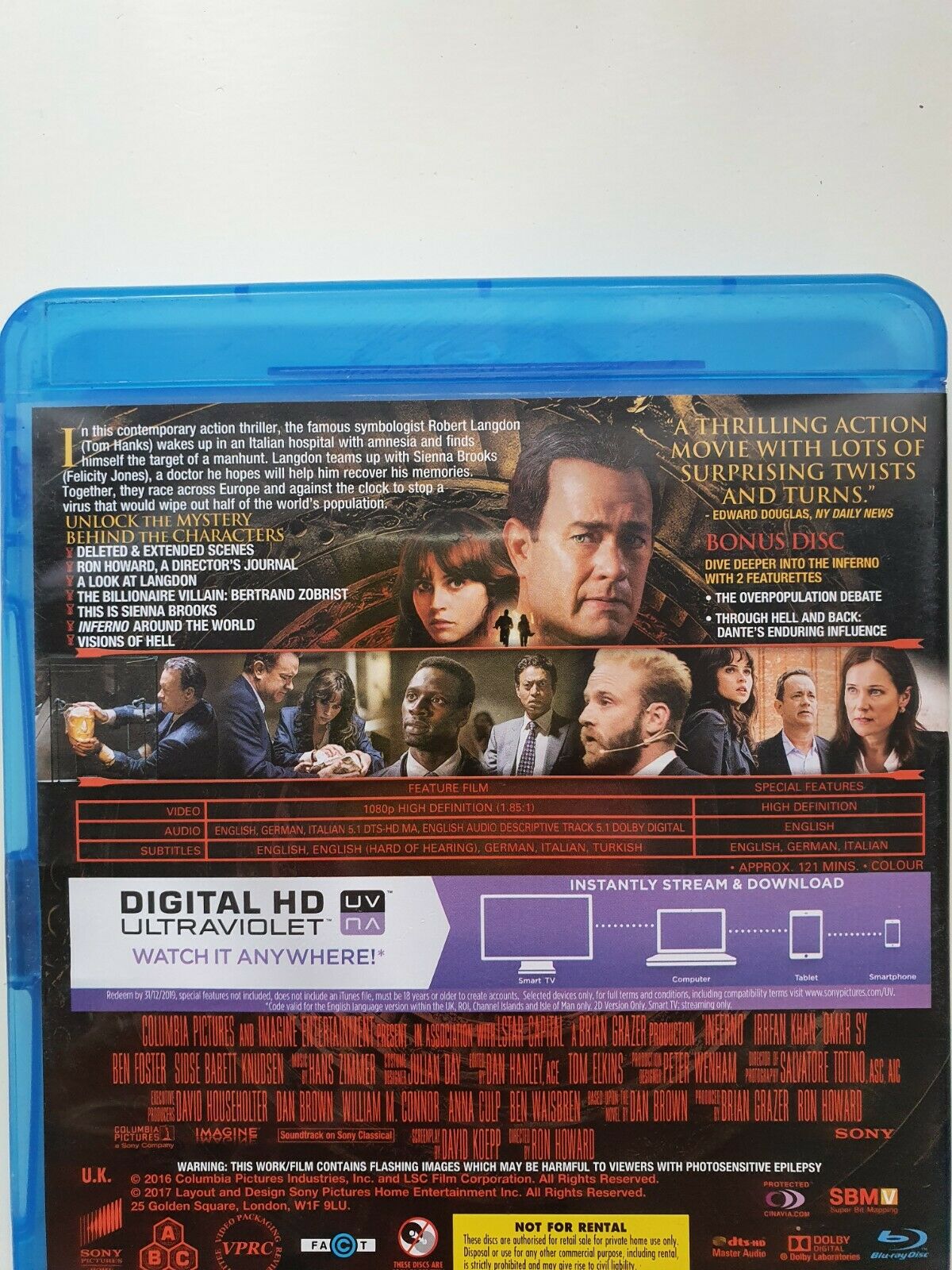 5050630638710 Inferno Blu-ray + bonus + Digital UV 2017 T. Hanks, F. Jones, B. Foster 2017