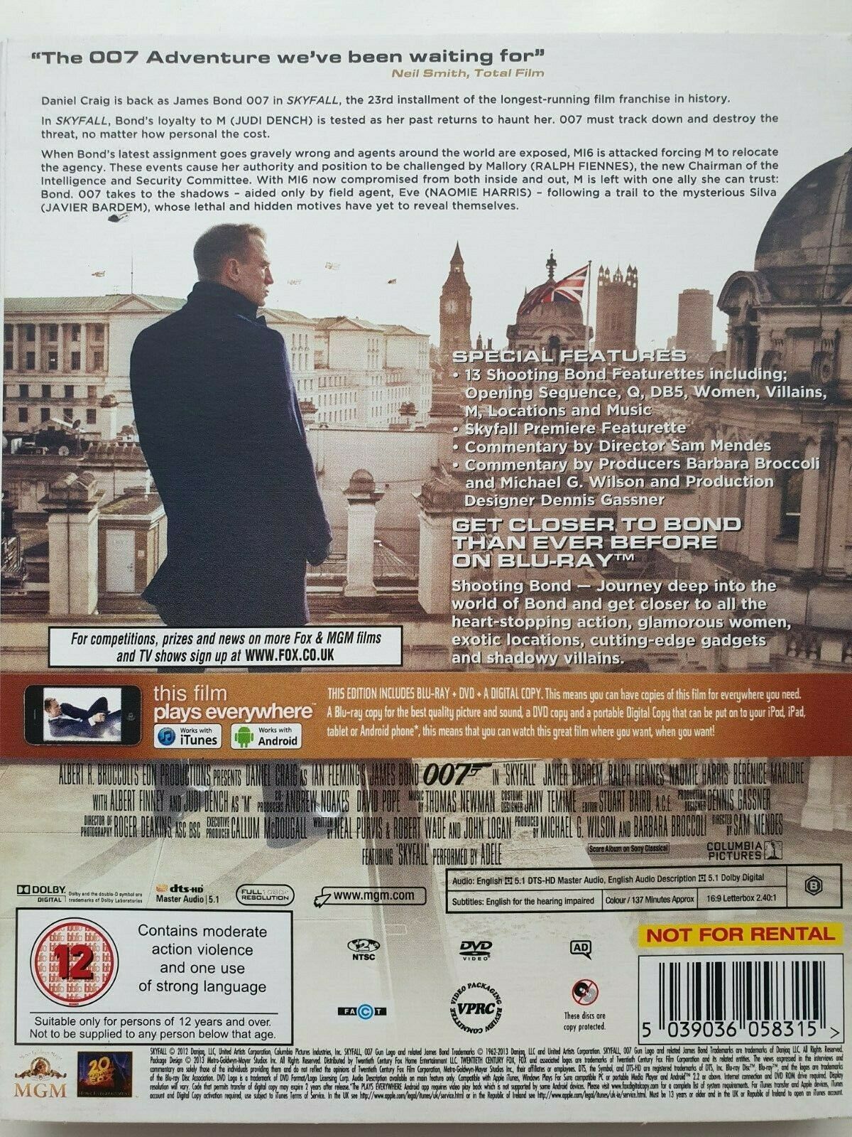 5039036058315 Skyfall 007 Blu-ray + DVD + Digital  2013 English NEW SEALED
