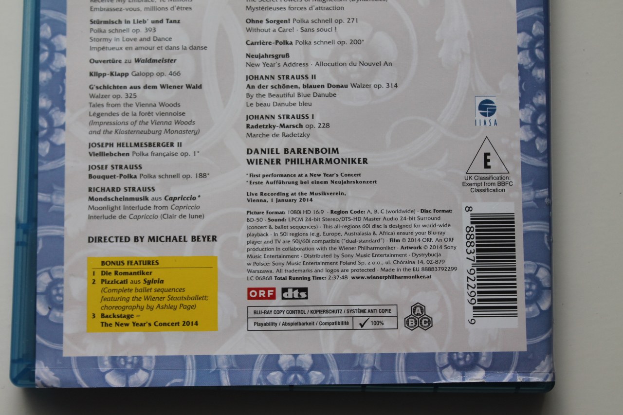 888837922999 Daniel Barenboim Wiener Philharmoniker – Neujahrskonzert New Years Concert Blu-ray AUSTRIA 2014
