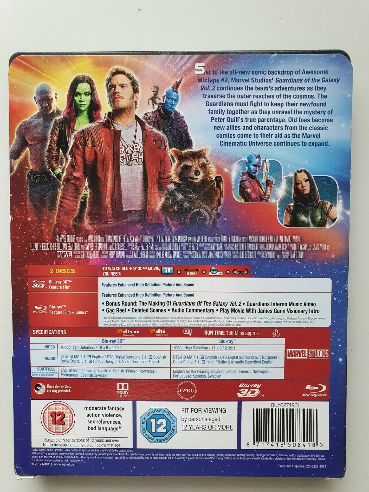 8717418508388 Guardians of the Galaxy Vol. 2 Blu-ray + 3D 2017 2-disc set STEELBOOK LIKE NEW