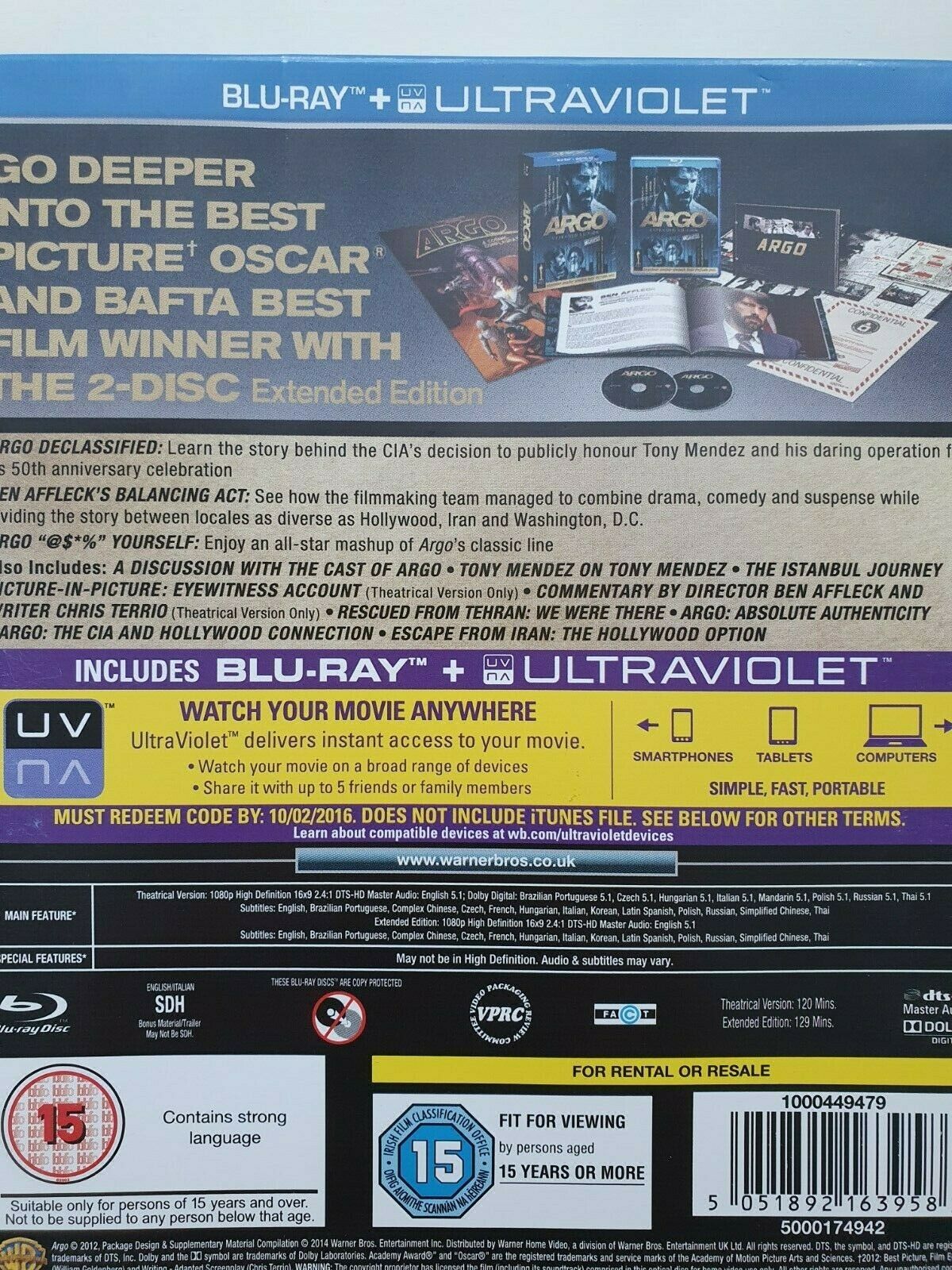 5051892163958 Argo - Extended Edition Blu - ray + Ultraviolet 2014 BOX SET GOOD 