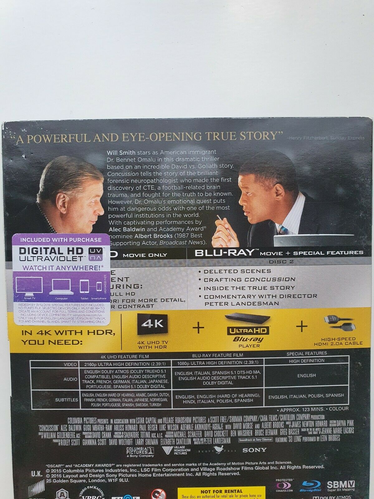 5050630887491 Concussion 4K Ultra HD + Blu - ray + Digital Will Smith, Alec Baldwin VERY GOOD