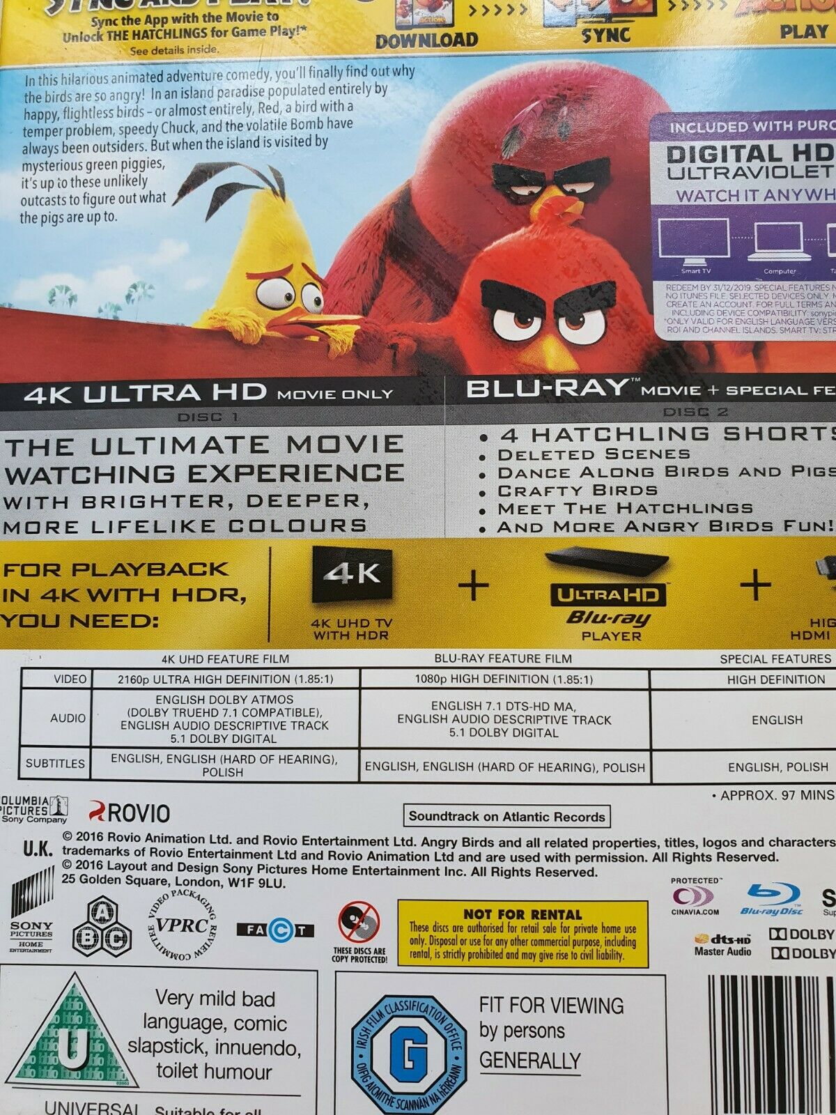 5050630606993 The Angry Birds Movie 4K UHD + Blu-Ray +Digital 2016 C. Kaytis 2 discs LIKE NEW