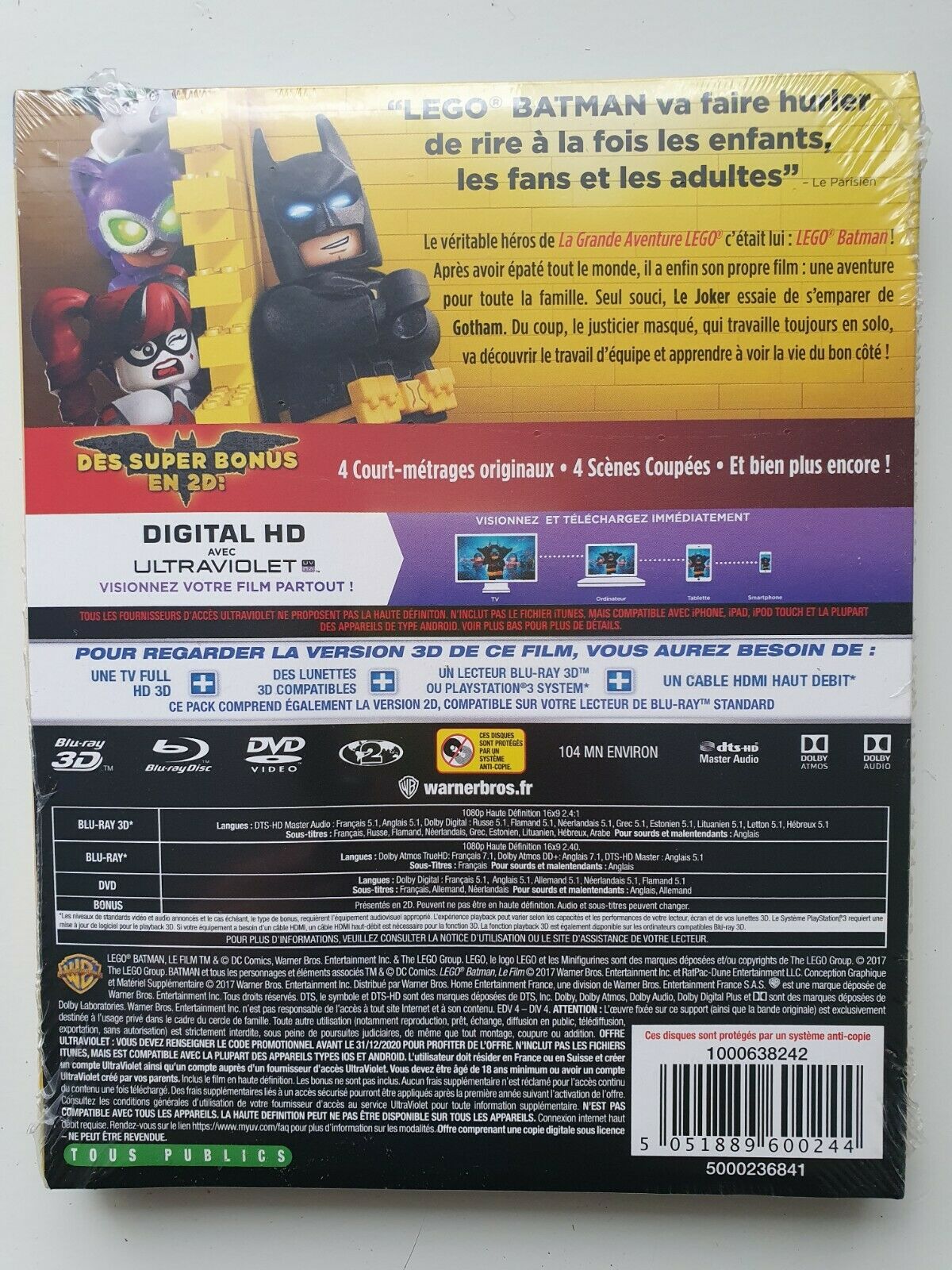 5051889600244 LEGO BATMAN 3 D LE FILM  BLU-RAY 3D + DVD 2017