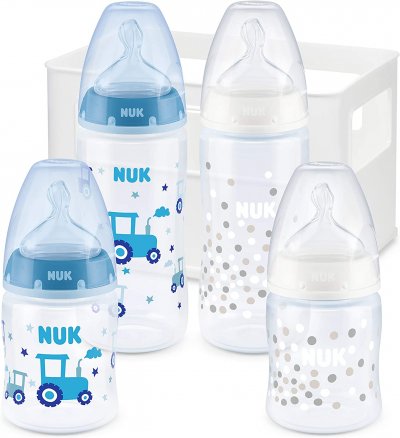 NUK First Choice+ Zestaw początkowy butelek dla niemowląt | 0–6 miesięcy | 4 butelki ze wskaźnikiem kontroli temperatury i skrzynka na butelki | Otwór antykolkowy Anti Colic | Niebieska