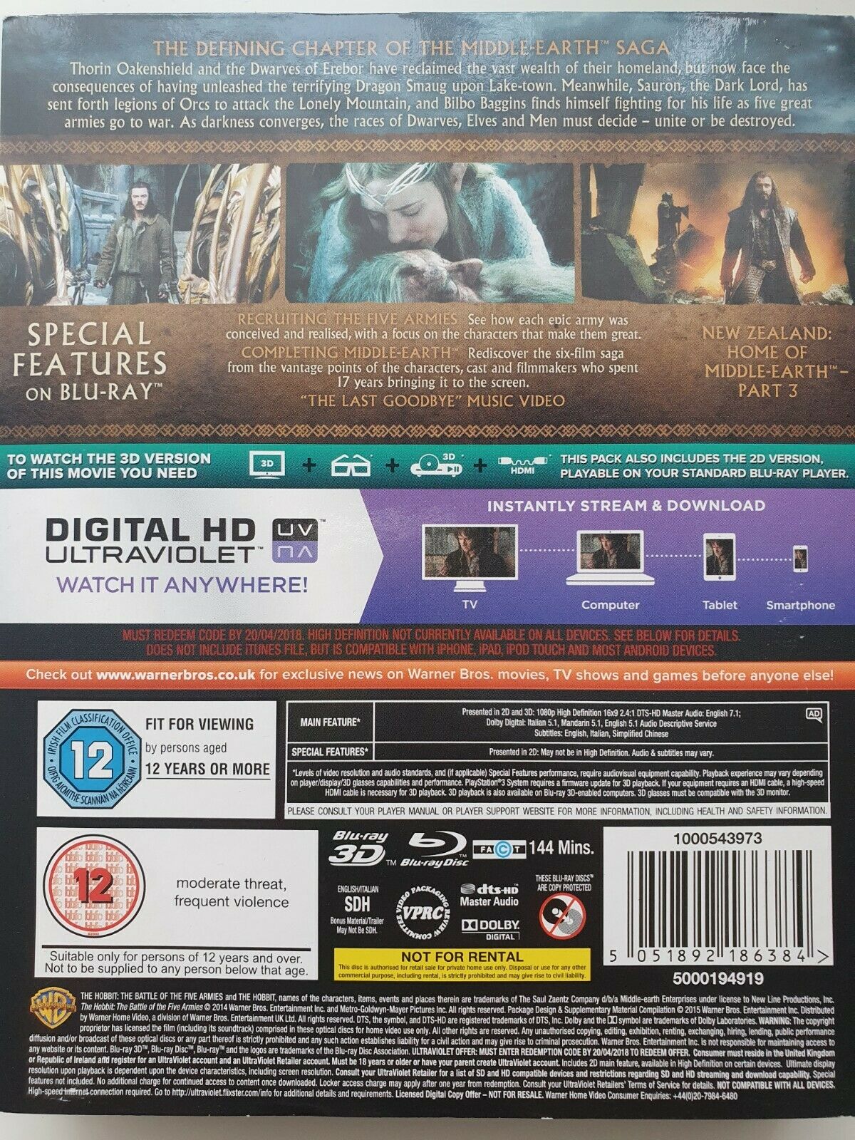 	 5051892186384 The Hobbit: The Battle of the Five Armies Blu-ray 3D + Blu-ray 2015 NEW SEALED